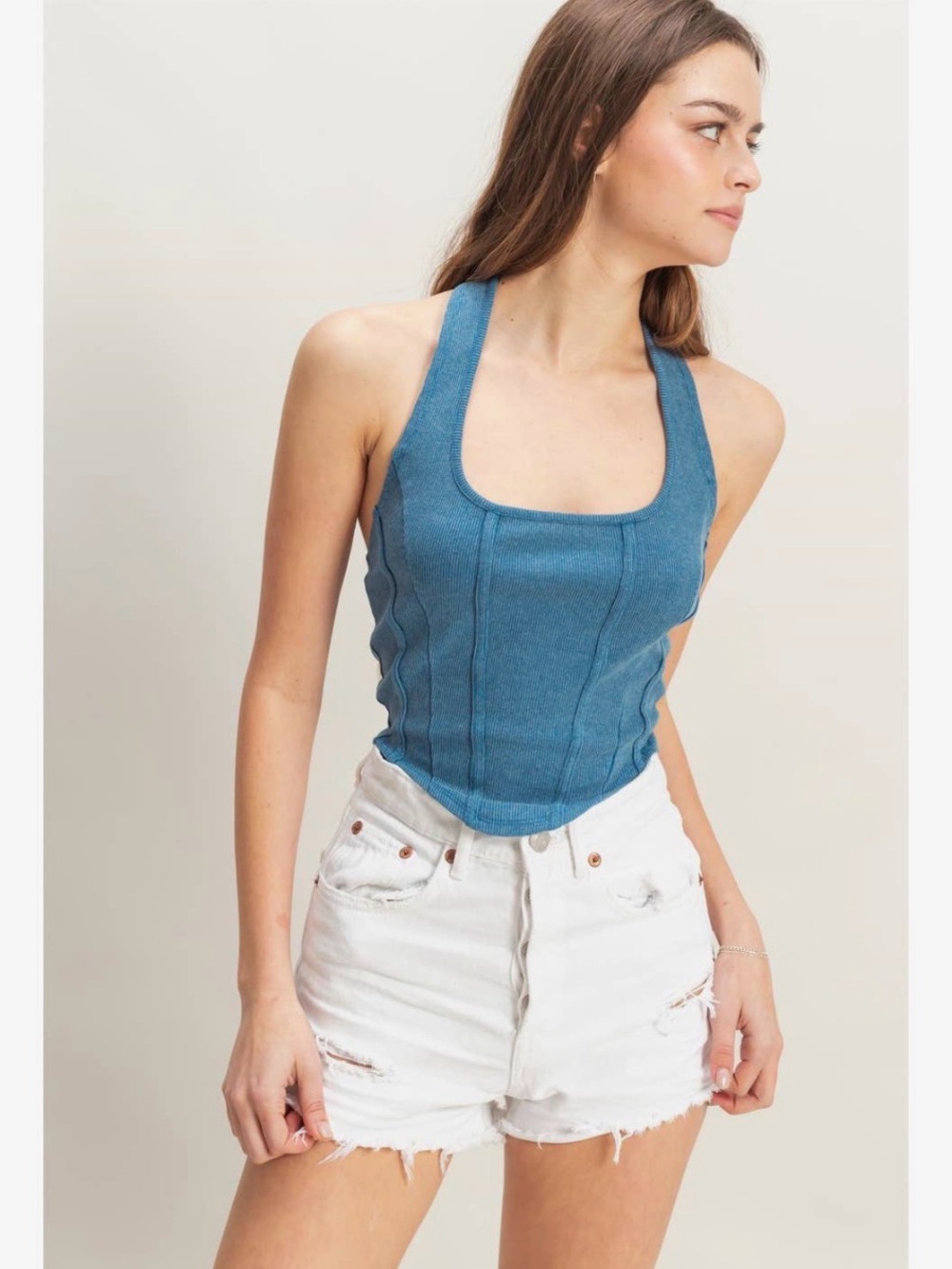 HYFVE Blue Mineral Wash Halter Tank Y2K Ribbed Fitted Crop Top NWT S M L